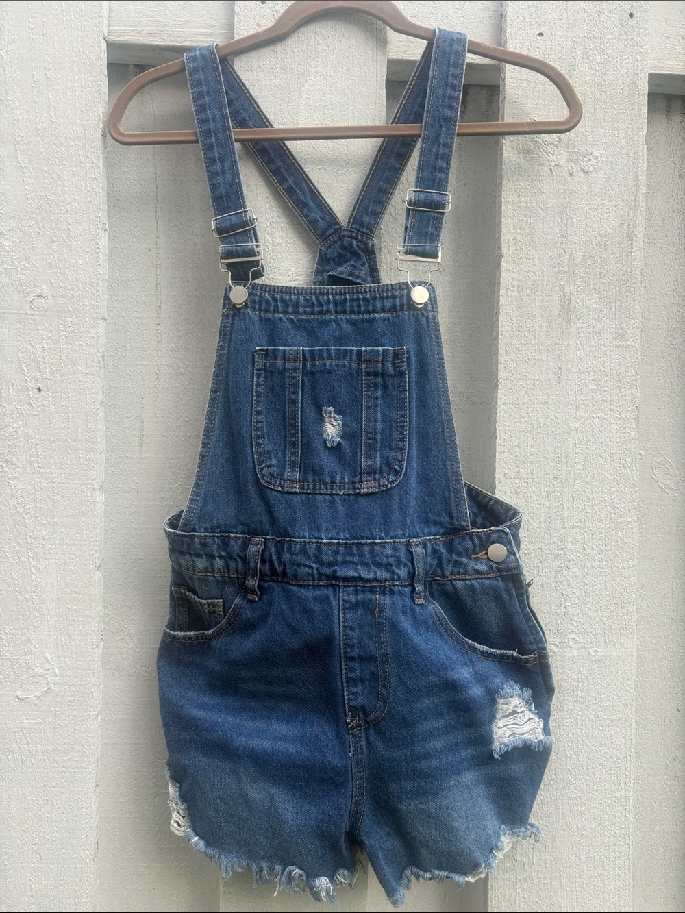 SHEIN Blue Distressed Denim Short Overalls Small